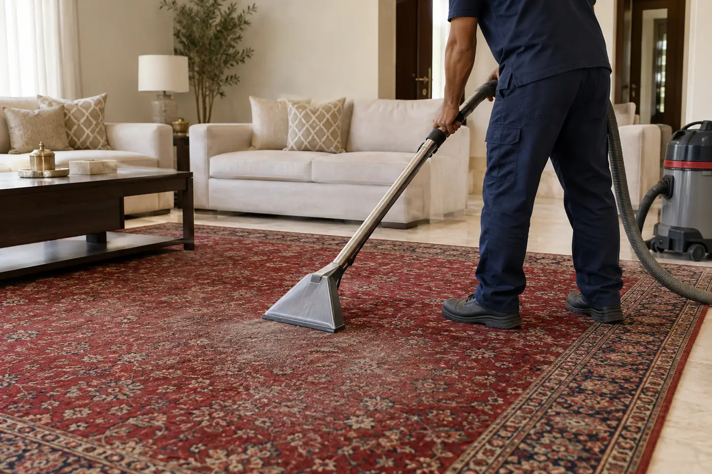 شركة تنظيف سجاد تشفط زولية صوف حمراء في صالة بيت بالرياض قبل تنظيفها