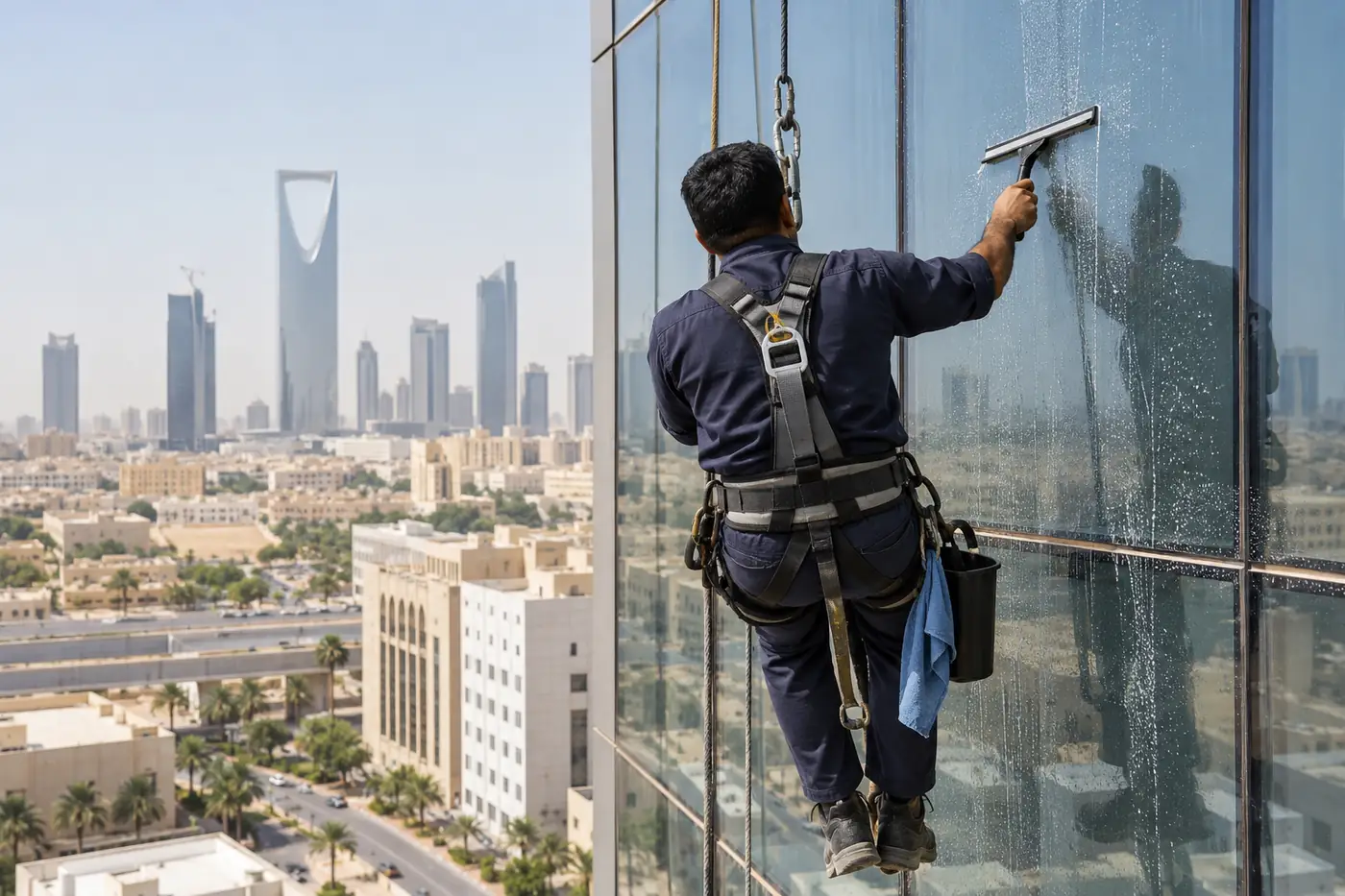 تنظيف واجهات زجاج لمبنى تجاري في الرياض بممسحة مطاطية وعامل مربوط بحزام وحبل أمان يظهر من الخلف