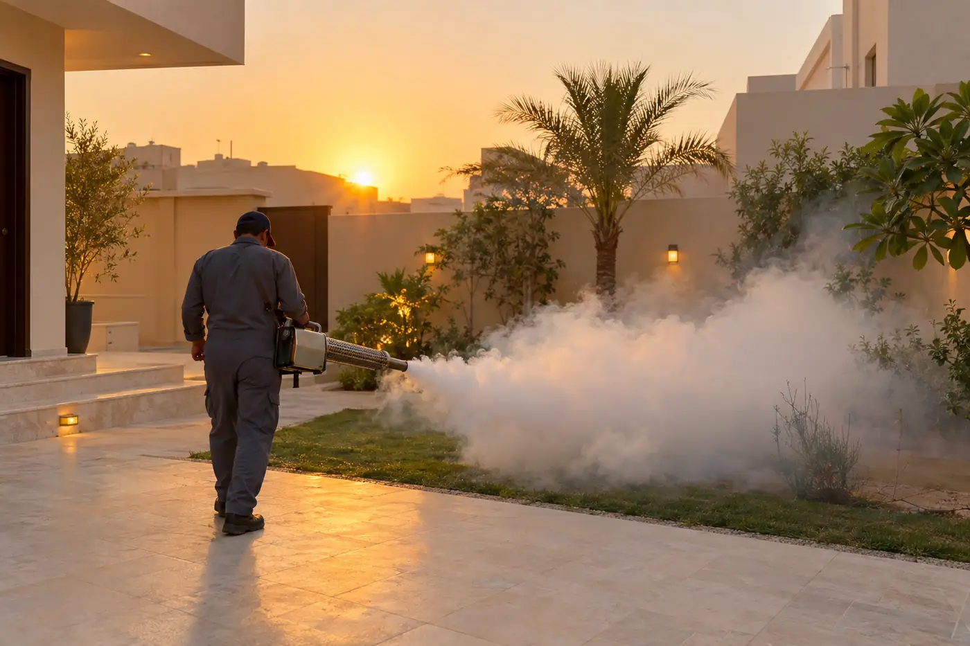 مكافحة النامس بتبخير حوش منزل سعودي وقت الغروب