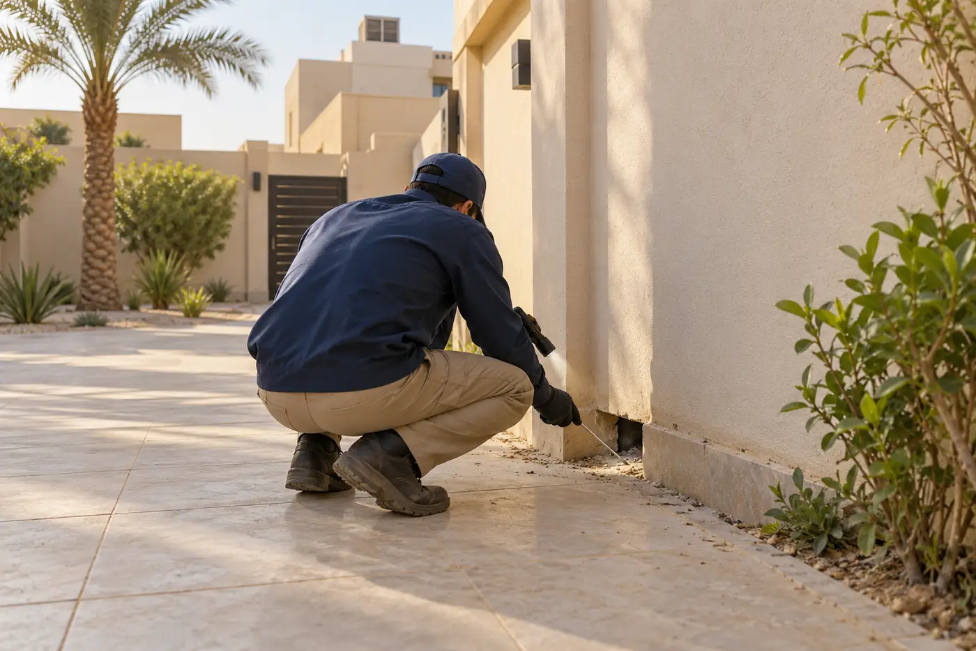 فني مكافحة الزواحف يفحص فتحات سور حوش بيت سعودي بحثًا عن ثعبان أو عقرب