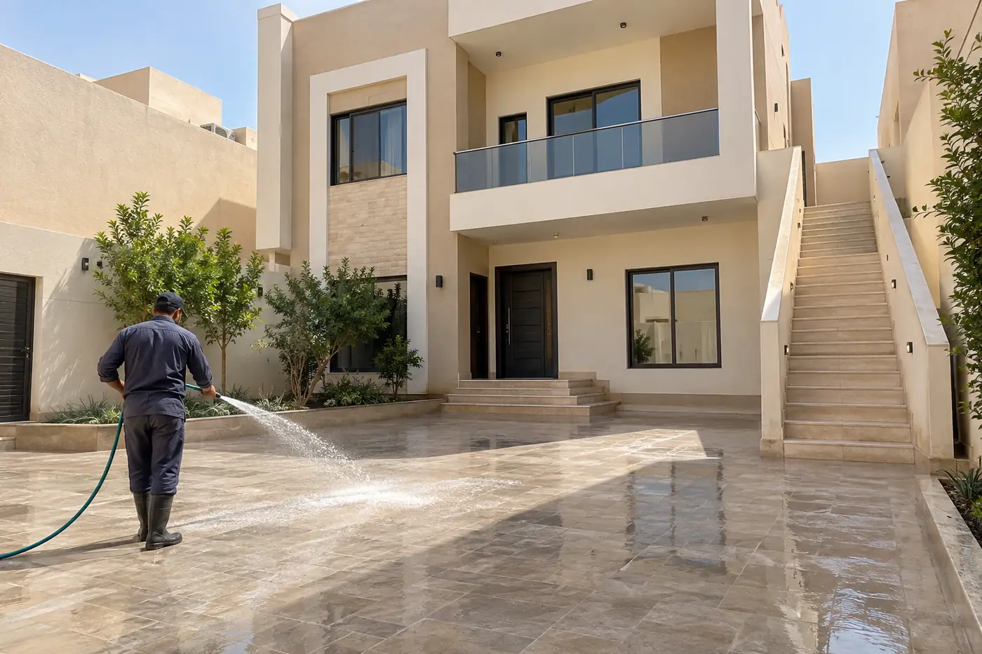 شركات تنظيف فلل تغسل حوش فيلا من دورين بخرطوم ماء والدرج الخارجي نظيف