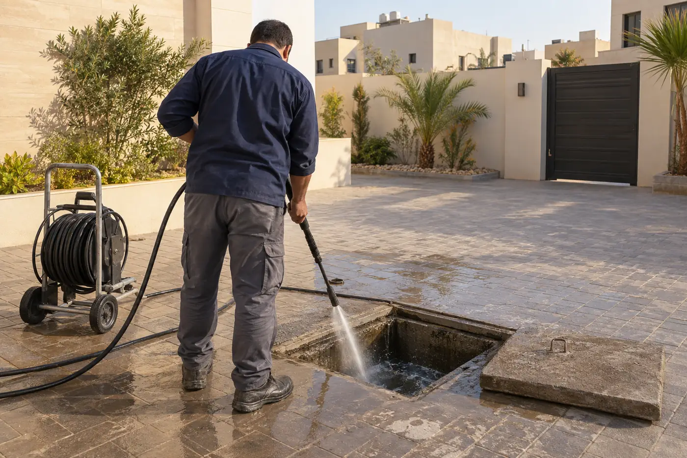 فني يغسل غرفة تفتيش في حوش فيلا بخرطوم الضغط أثناء تنظيف المجاري والماء يجري صافيًا في مجراها