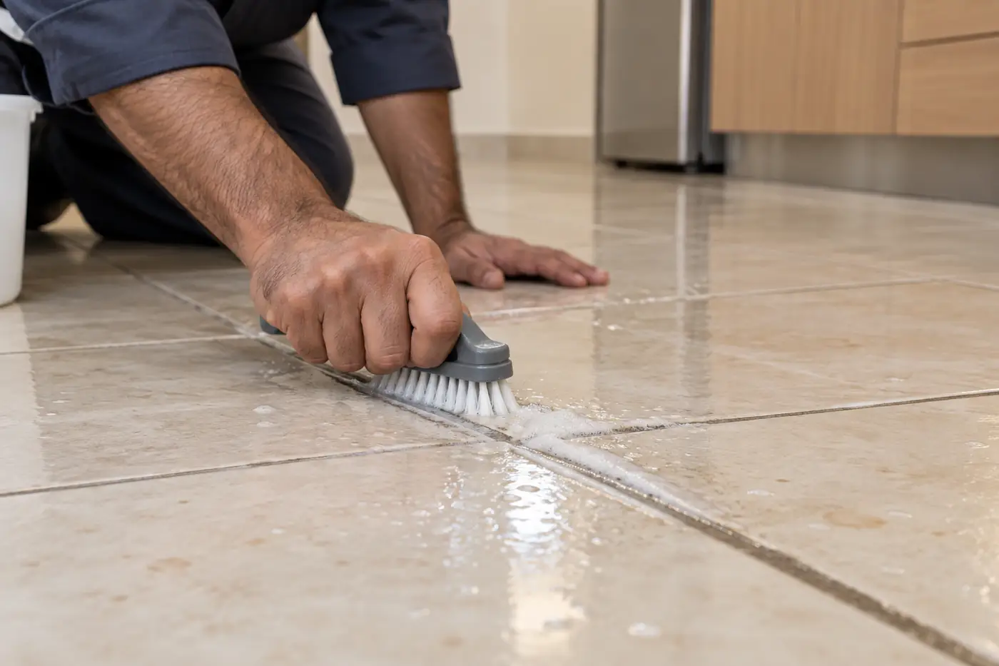 تنظيف الفواصل بين بلاط سيراميك مطبخ بفرشاة صغيرة