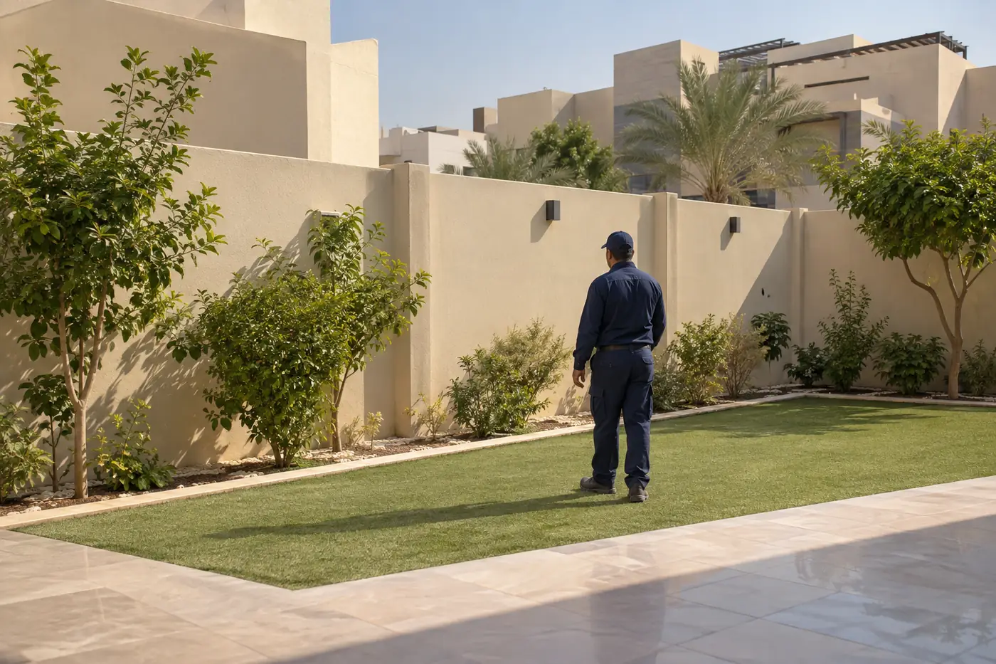 فناء استراحة سعودي مرتب مع فحص آمن لمحيط السور من بعيد