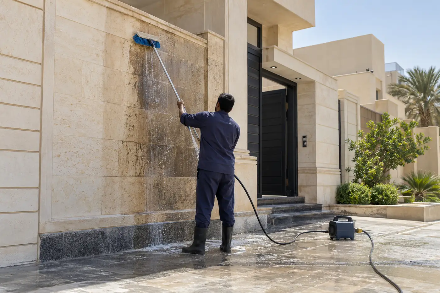 تنظيف واجهة حجر بفرشاة طويلة مع غسيل سطحها