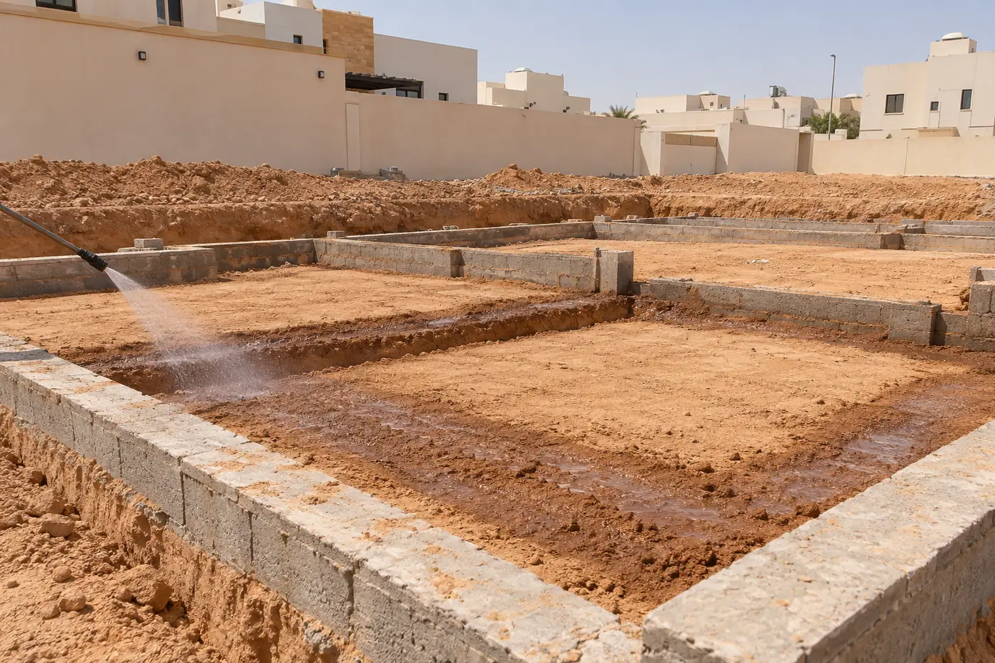 معالجة تربة أساس مبنى سعودي قبل أعمال الخرسانة من دون عمال ظاهرين