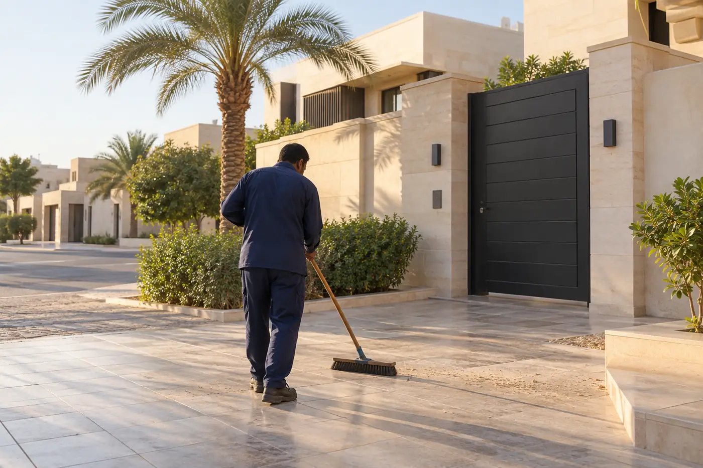 عامل نظافة يكنس مدخل فيلا وممر حوشها في حي سكني غرب الرياض صباحًا